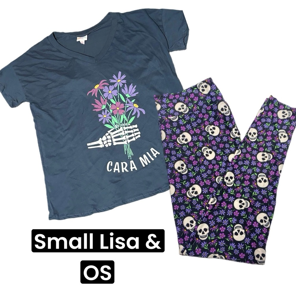 LuLaRoe Small Lisa Graphic Tee Skull & OS Leggings Set Halloween Skulls Flowers